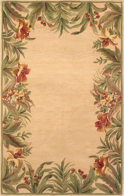 5' X 8' Beige Red And Green Wool Tropical Floral Hand Tufted Area Rug