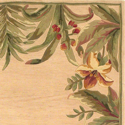 5' X 8' Beige Red And Green Wool Tropical Floral Hand Tufted Area Rug