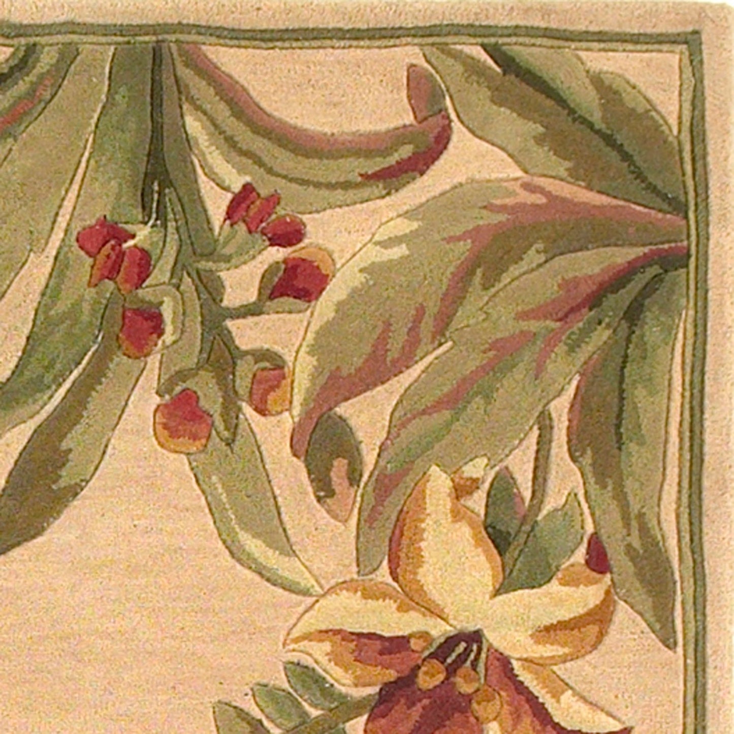 5' X 8' Beige Red And Green Wool Tropical Floral Hand Tufted Area Rug