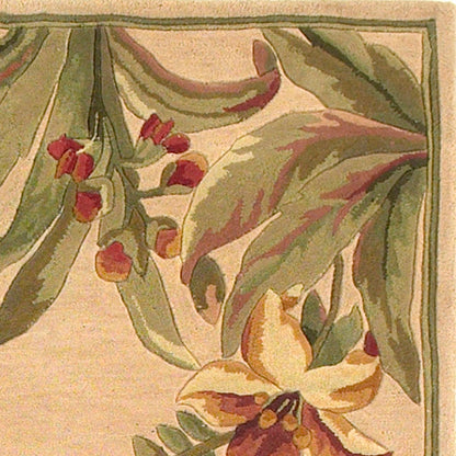 5' X 8' Beige Red And Green Wool Tropical Floral Hand Tufted Area Rug