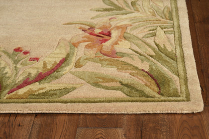 5' X 8' Beige Red And Green Wool Tropical Floral Hand Tufted Area Rug