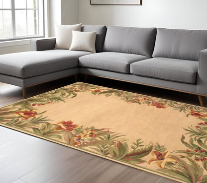 5' X 8' Beige Red And Green Wool Tropical Floral Hand Tufted Area Rug