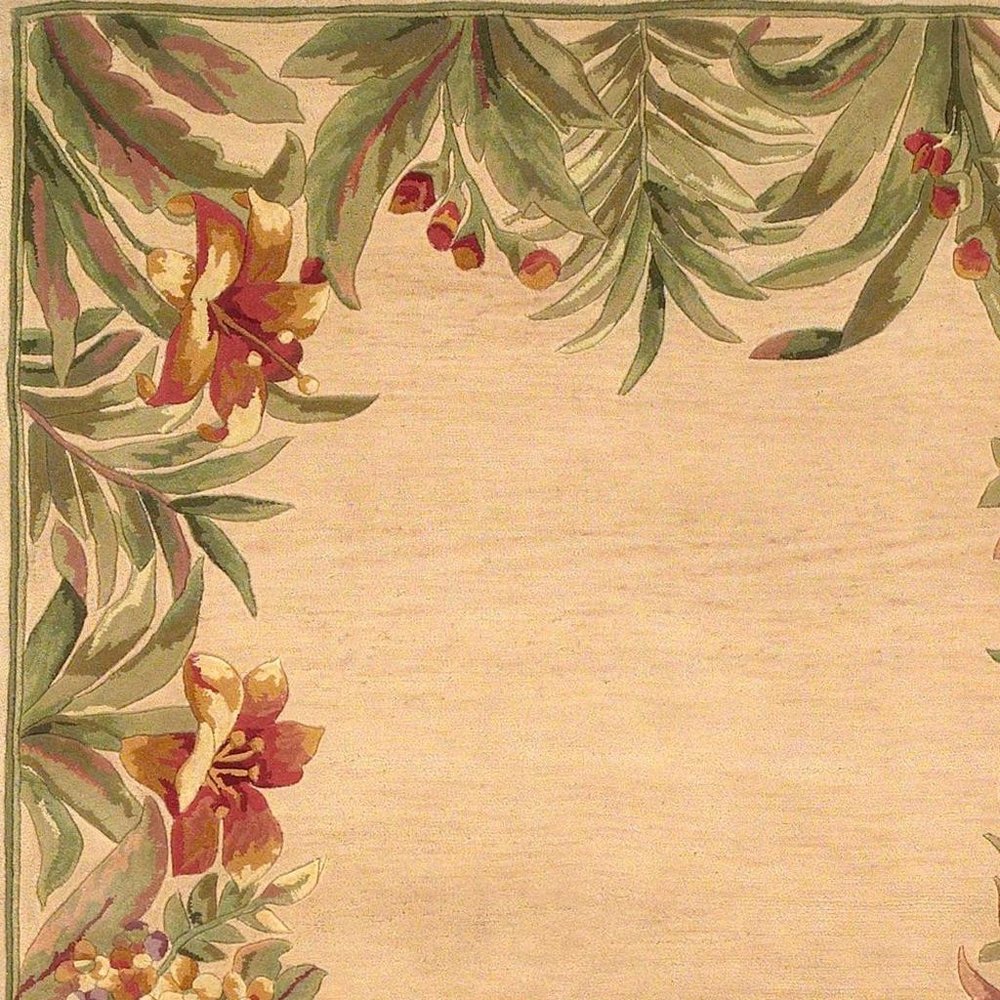 5' X 8' Beige Red And Green Wool Tropical Floral Hand Tufted Area Rug
