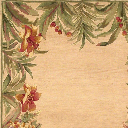 5' X 8' Beige Red And Green Wool Tropical Floral Hand Tufted Area Rug