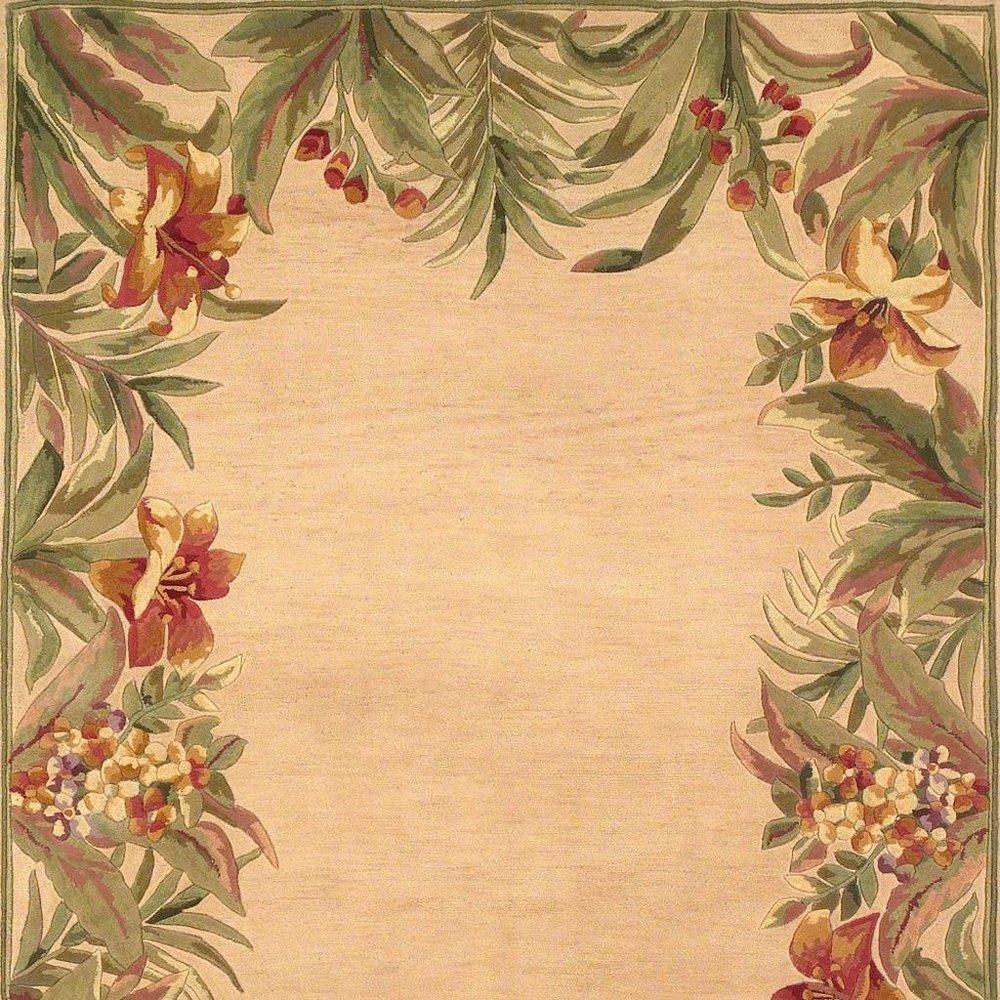 5' X 8' Beige Red And Green Wool Tropical Floral Hand Tufted Area Rug