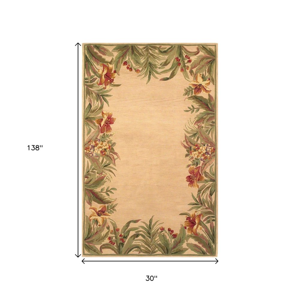 5' X 8' Beige Red And Green Wool Tropical Floral Hand Tufted Area Rug