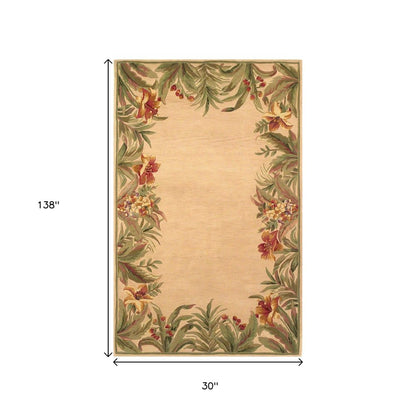 5' X 8' Beige Red And Green Wool Tropical Floral Hand Tufted Area Rug