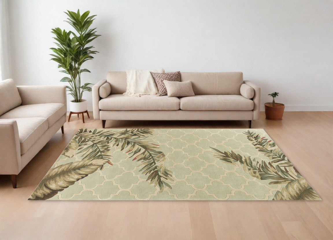 2' X 10' Sage Tropical Leaves Mosaic Wool Indoor Runner Rug