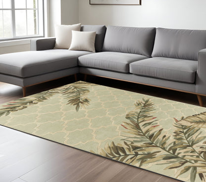 9' X 12' Sage Taupe And Green Wool Tropical Botanical Hand Tufted Area Rug