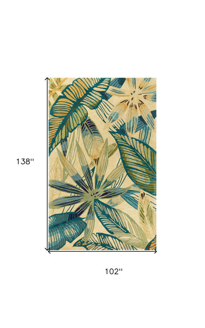 9' X 12' Ivory and Blue Wool Tropical Botanical Handmade Area Rug