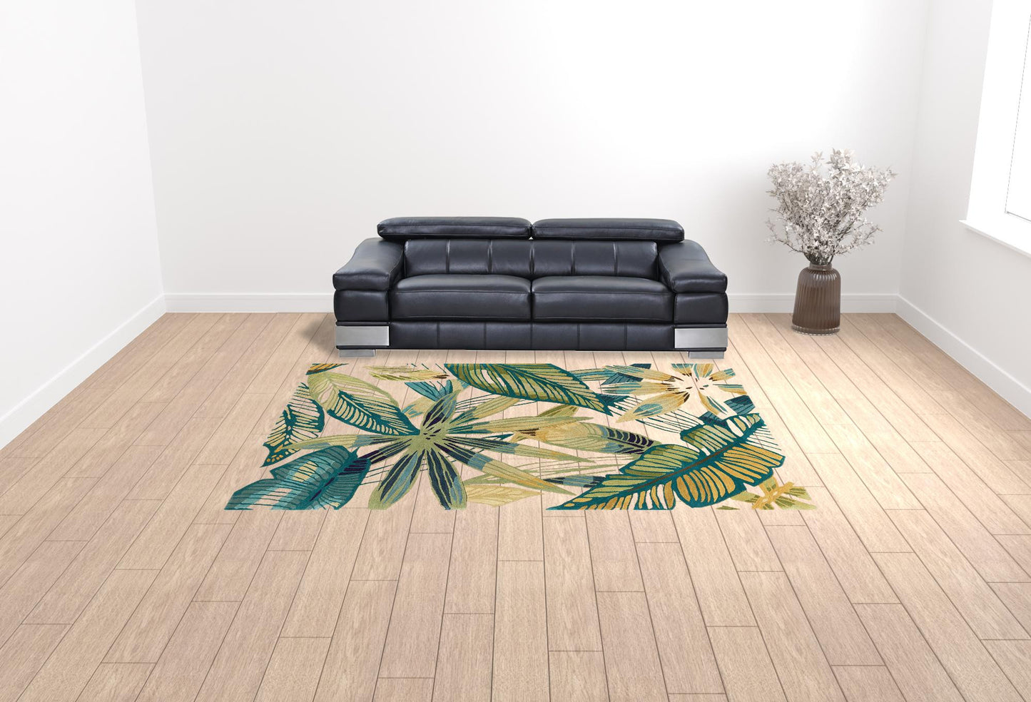 9' X 12' Ivory and Blue Wool Tropical Botanical Handmade Area Rug