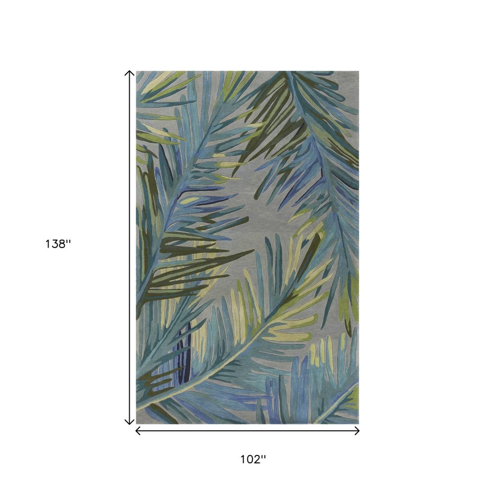 10' Gray And Blue Wool Tropical Botanical Hand Tufted Runner Rug