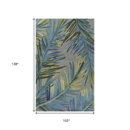 9' X 12' Gray And Blue Wool Tropical Botanical Hand Tufted Area Rug