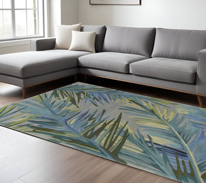 10' Gray And Blue Wool Tropical Botanical Hand Tufted Runner Rug