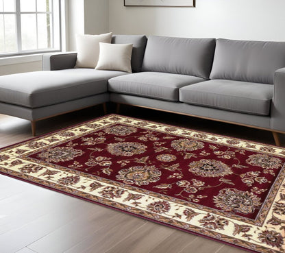 7' Red And Ivory Floral Medallion Octagon Rug