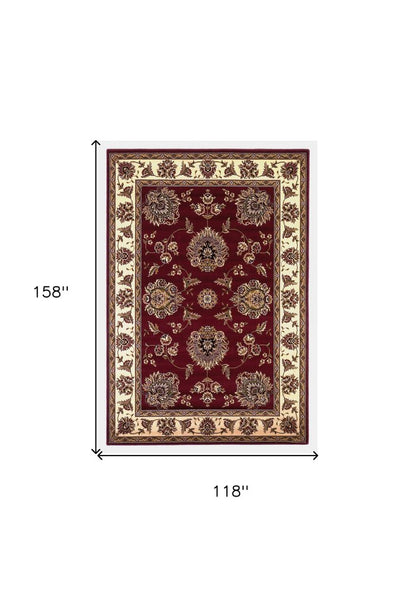7' Red And Ivory Floral Medallion Octagon Rug
