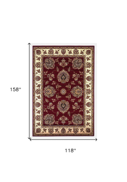7' Red And Ivory Floral Medallion Octagon Rug