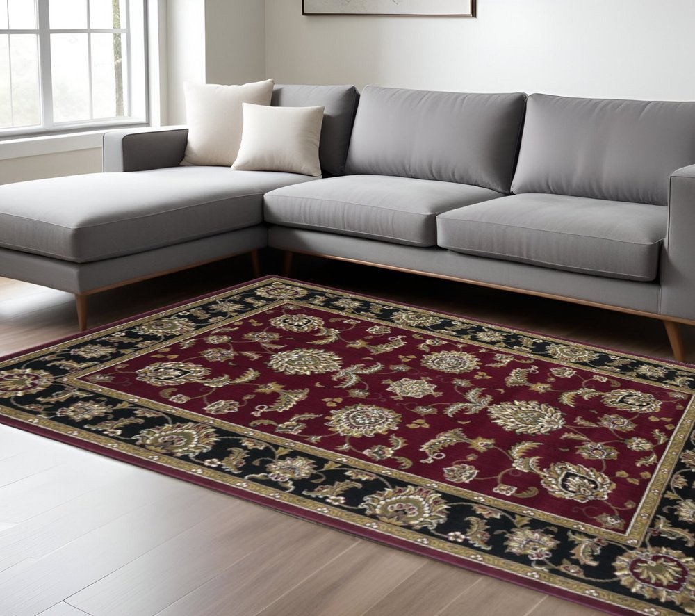 7' Red Black And Gold Floral Medallion Octagon Rug