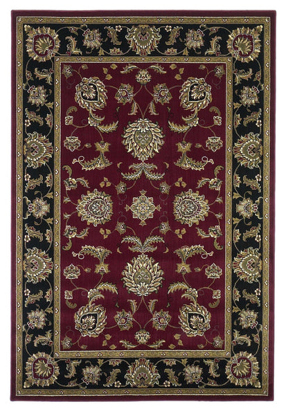 7' Red Black And Gold Floral Medallion Octagon Rug