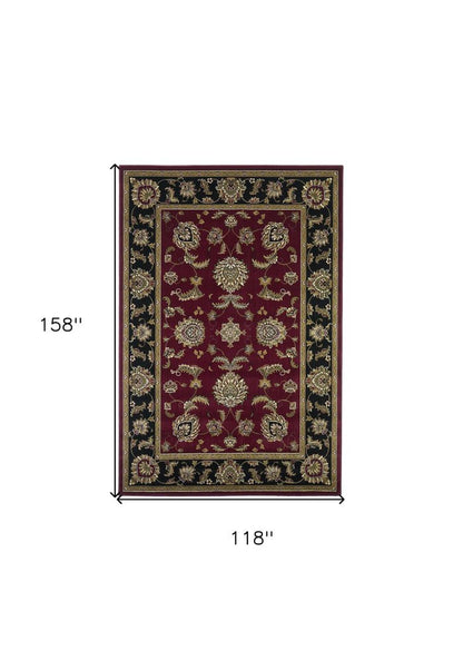 7' Red Black And Gold Floral Medallion Octagon Rug