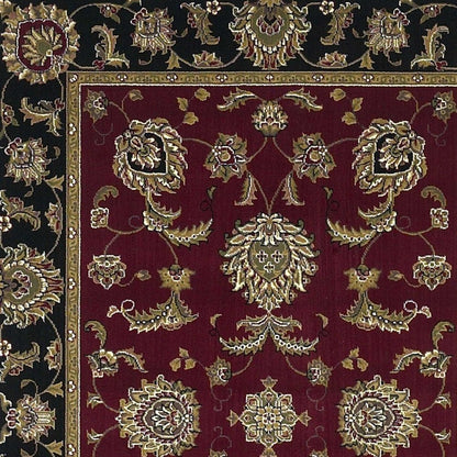 7' Red Black And Gold Floral Medallion Octagon Rug