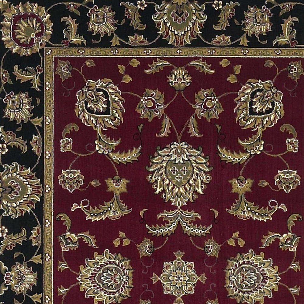 7' Red Black And Gold Floral Medallion Octagon Rug