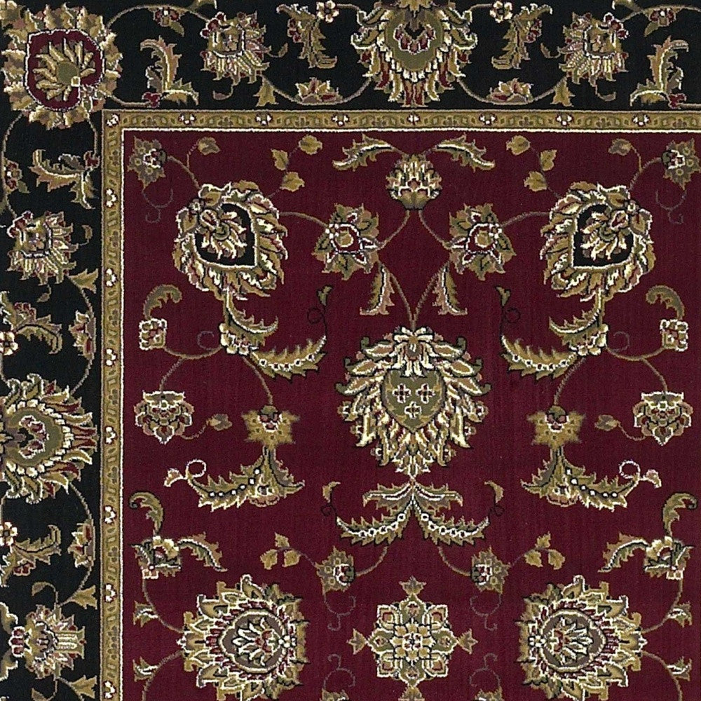 7' Red Black And Gold Floral Medallion Octagon Rug