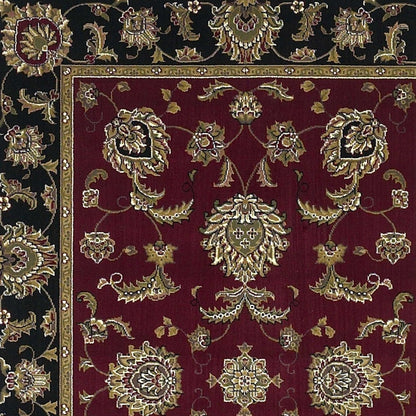 7' Red Black And Gold Floral Medallion Octagon Rug