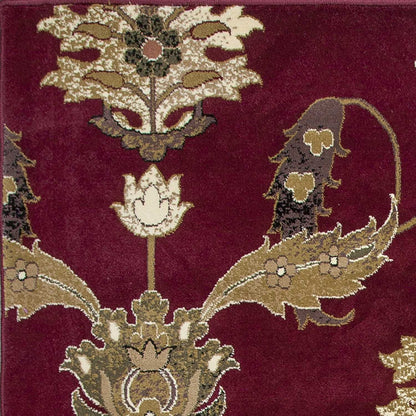 7' Red Beige And Brown Floral Vines Octagon Rug