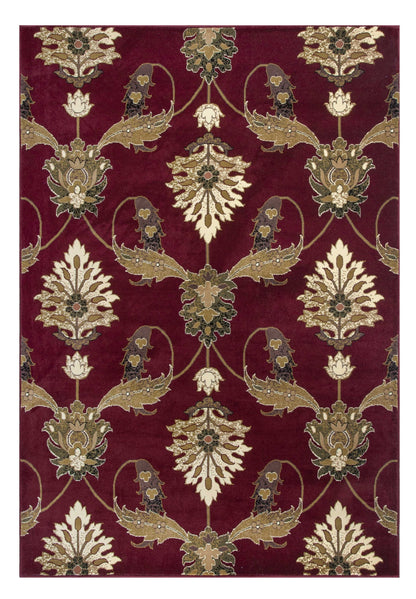 7' Red Beige And Brown Floral Vines Octagon Rug