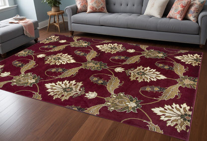 5' X 8' Red and Ivory Floral Area Rug