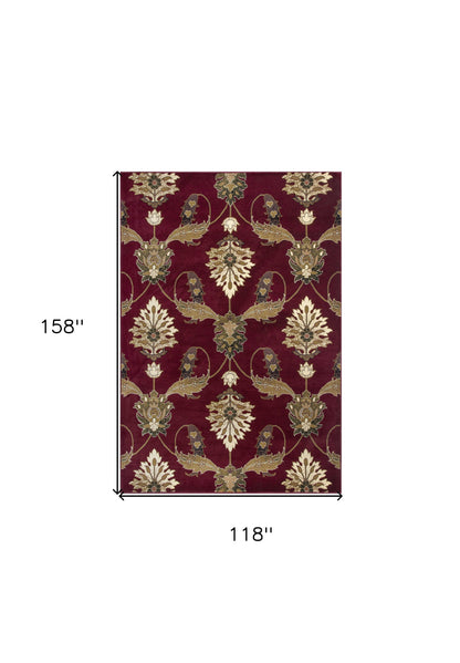 7' Red Beige And Brown Floral Vines Octagon Rug