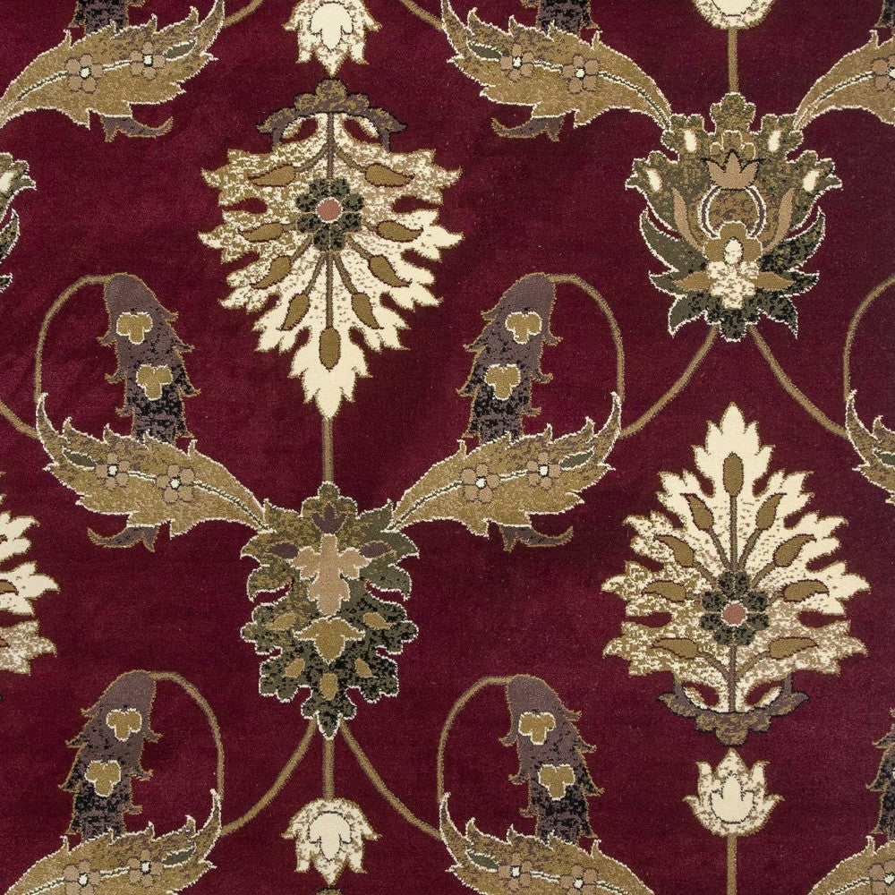 7' Red Beige And Brown Floral Vines Octagon Rug