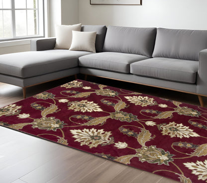 7' Red Beige And Brown Floral Vines Octagon Rug