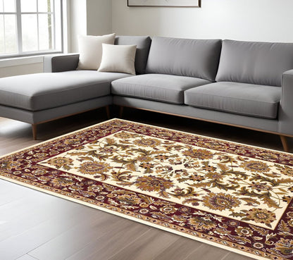 7' Ivory Red And Orange Floral Medallion Octagon Rug