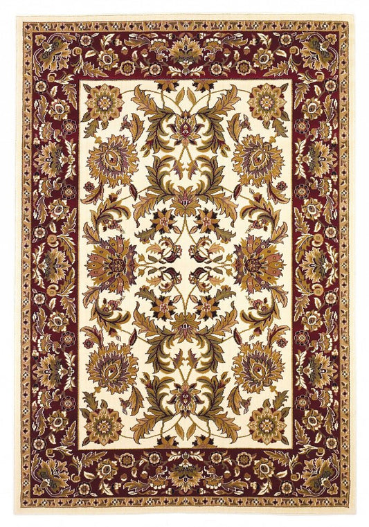 7' Ivory Red And Orange Floral Medallion Octagon Rug