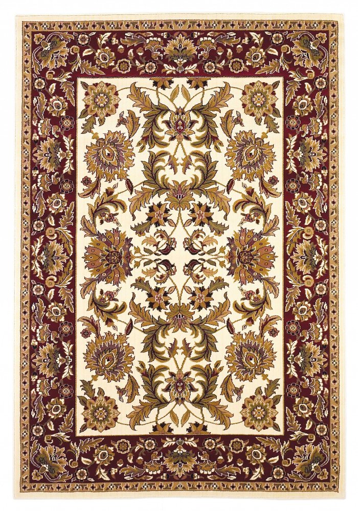 7' Ivory Red And Orange Floral Medallion Octagon Rug