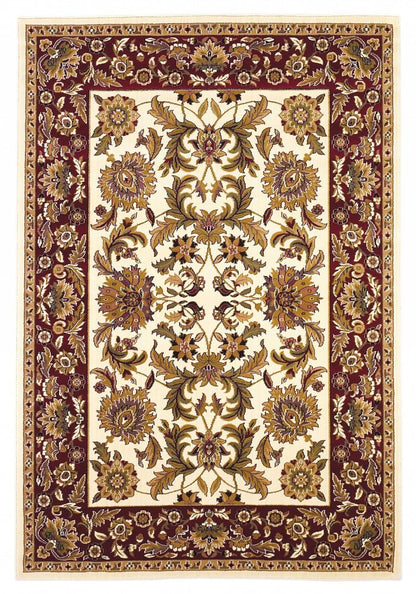 7' Ivory Red And Orange Floral Medallion Octagon Rug