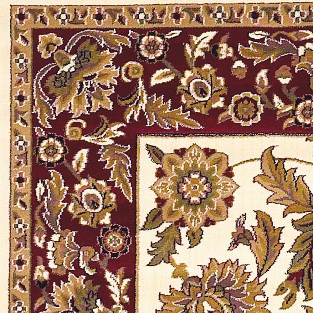 7' Ivory Red And Orange Floral Medallion Octagon Rug