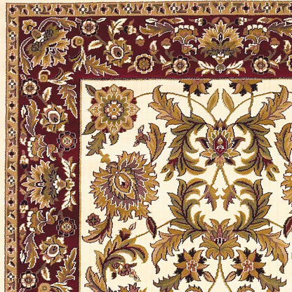 7' Ivory Red And Orange Floral Medallion Octagon Rug