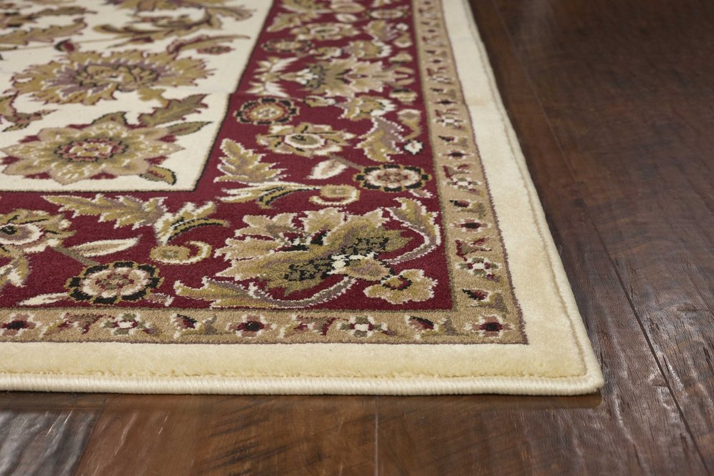 7' Ivory Red And Orange Floral Medallion Octagon Rug