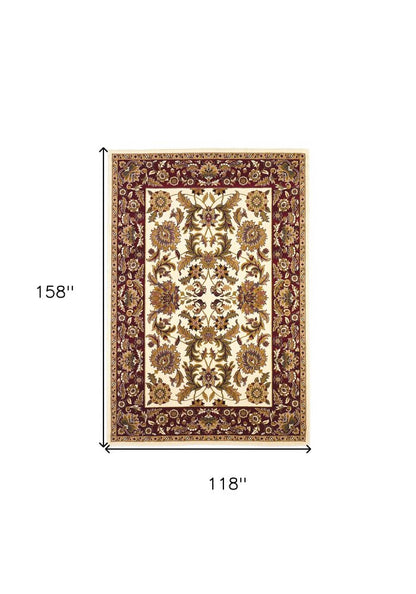 7' Ivory Red And Orange Floral Medallion Octagon Rug