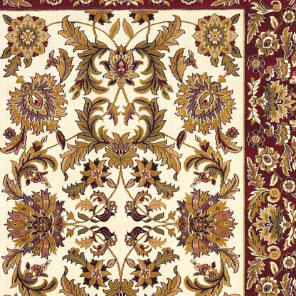 7' Ivory Red And Orange Floral Medallion Octagon Rug