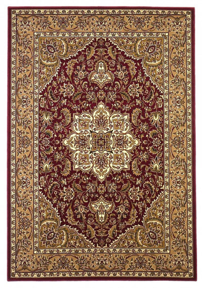 7' Red And Beige Floral Medallion Octagon Rug