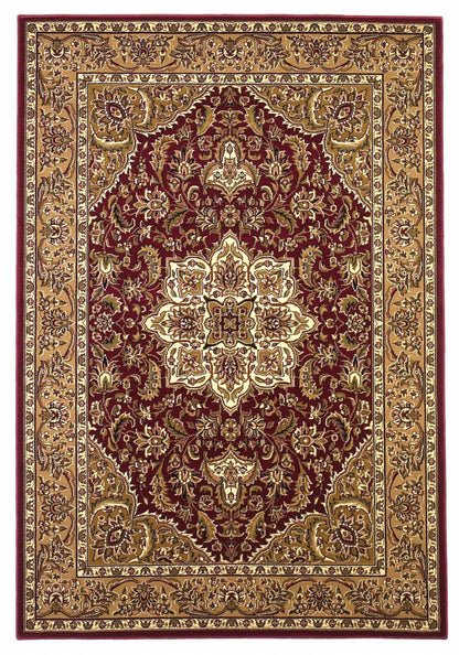 7' Red And Beige Floral Medallion Octagon Rug