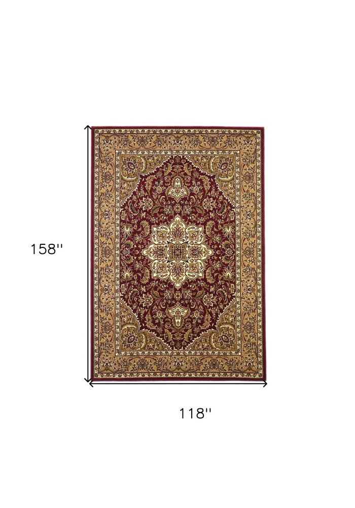 7' Red And Beige Floral Medallion Octagon Rug