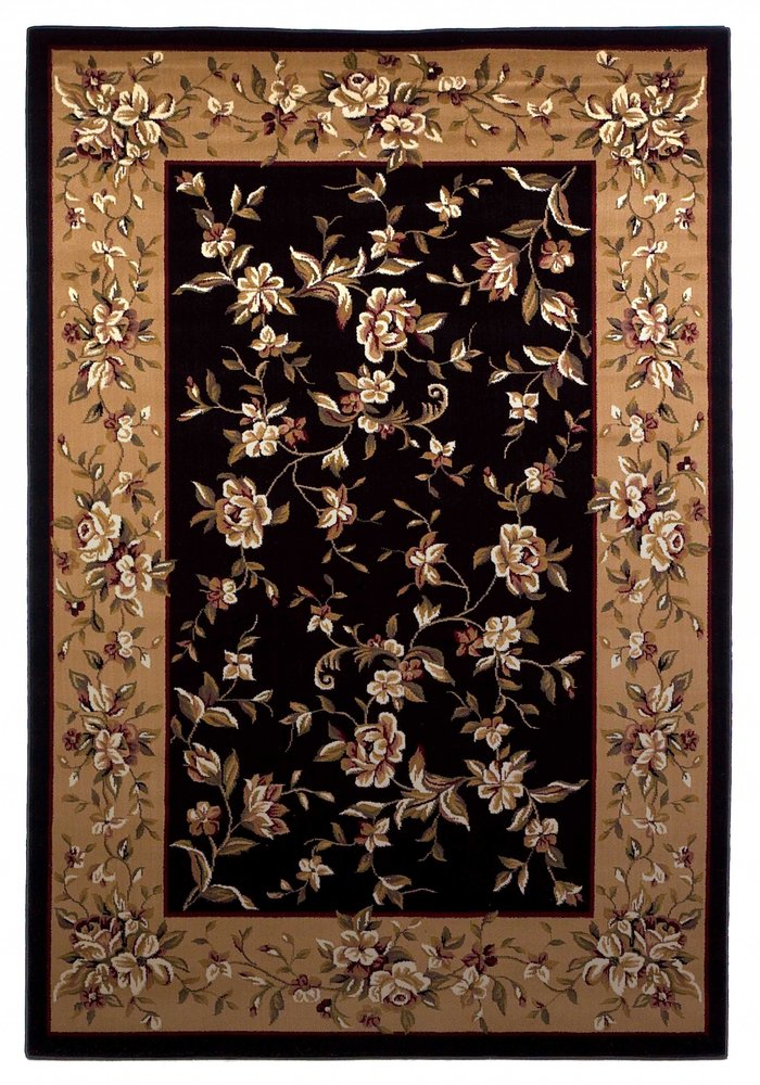 9' X 13' Tan Black And Beige Floral Vines Area Rug
