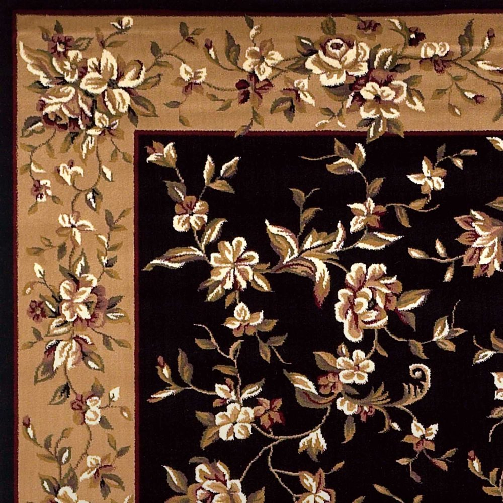 9' X 13' Tan Black And Beige Floral Vines Area Rug