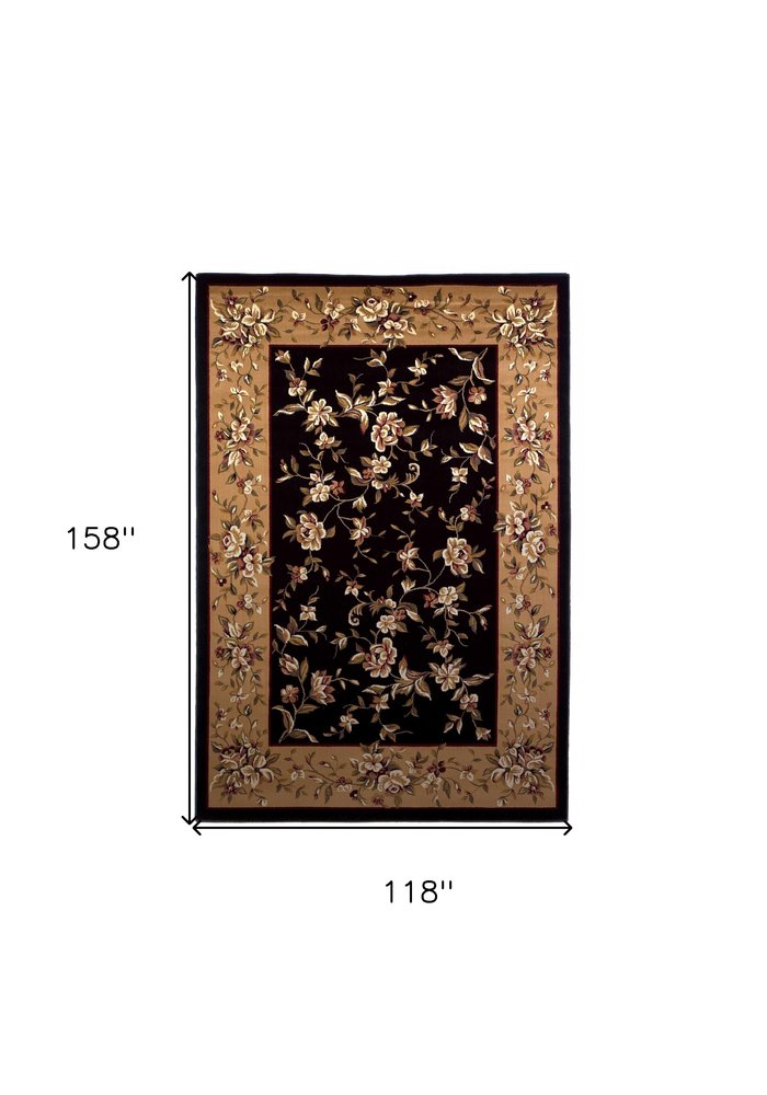 7' Tan Black And Beige Floral Vines Octagon Rug