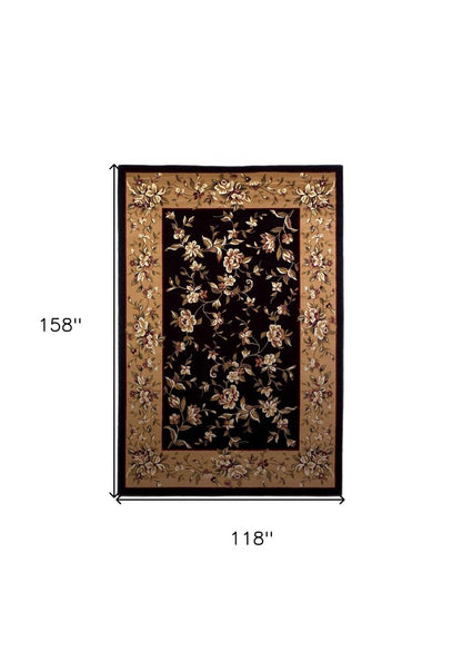7' Tan Black And Beige Floral Vines Octagon Rug